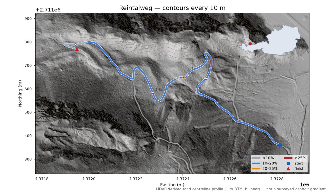 Reintalweg LiDAR hillshade map with contours