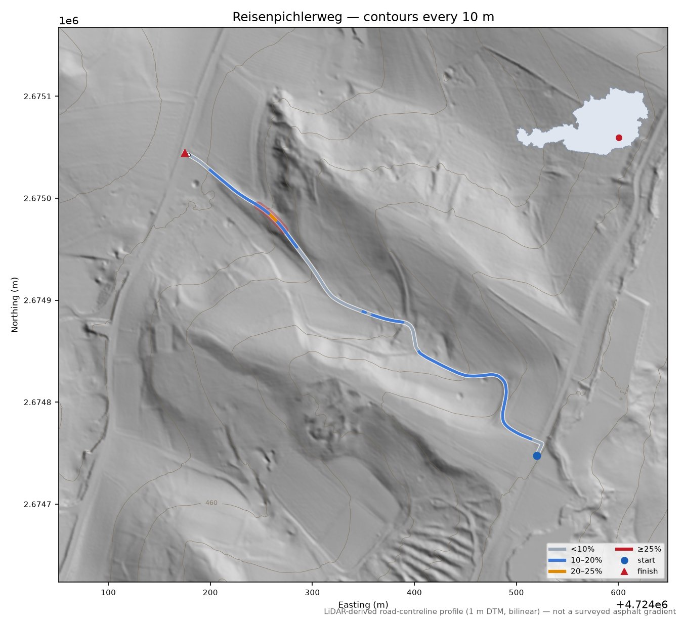 Reisenpichlerweg LiDAR hillshade map with contours