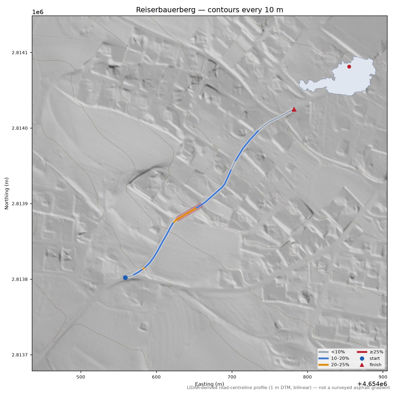 Reiserbauerberg LiDAR hillshade map with contours