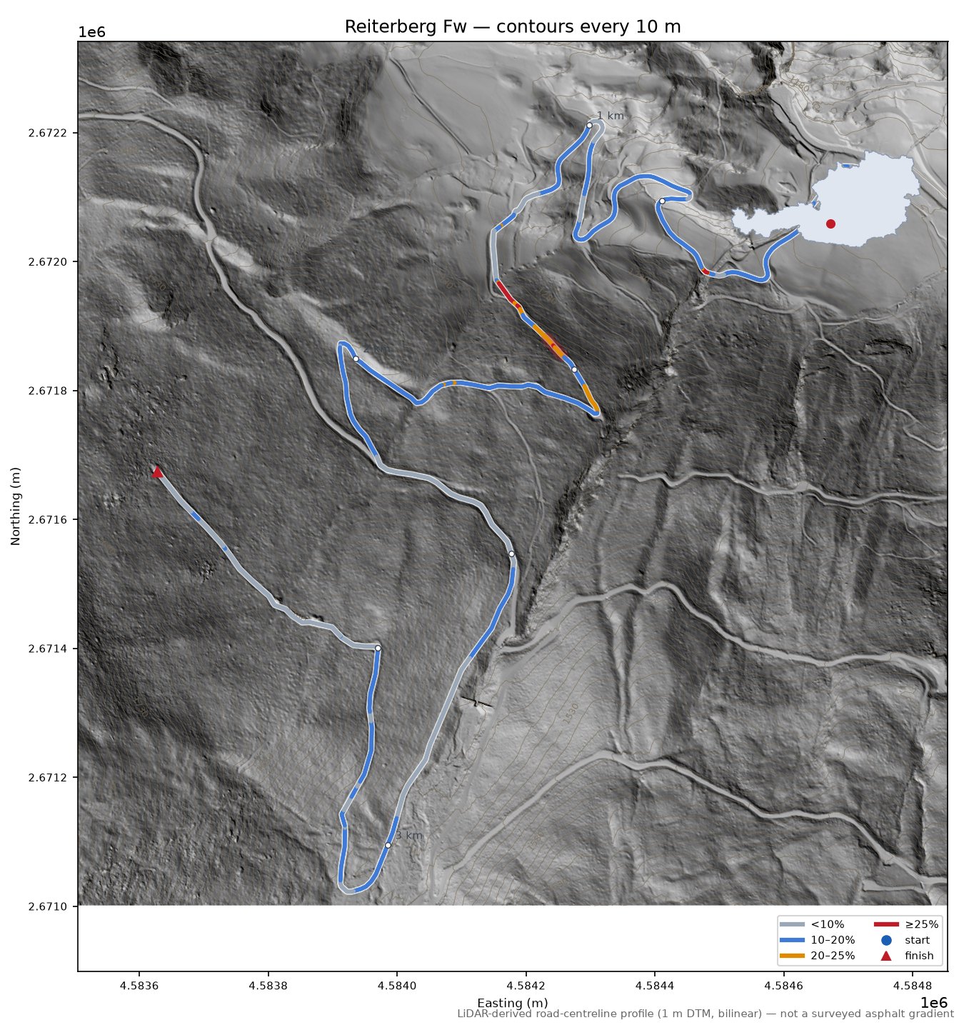 Reiterberg Fw LiDAR hillshade map with contours