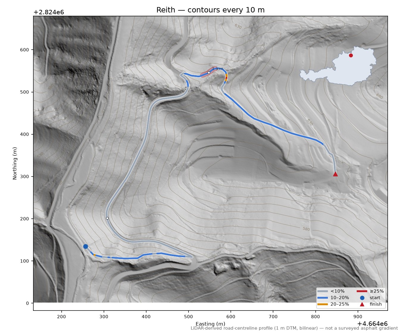 Reith LiDAR hillshade map with contours