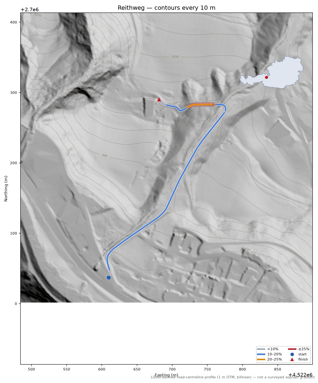 Reithweg LiDAR hillshade map with contours