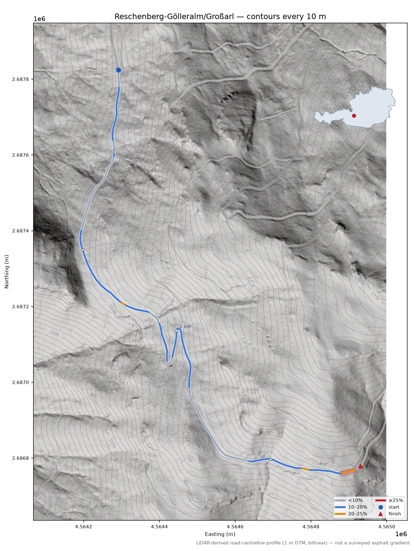 Reschenberg-Gölleralm/Großarl LiDAR hillshade map with contours