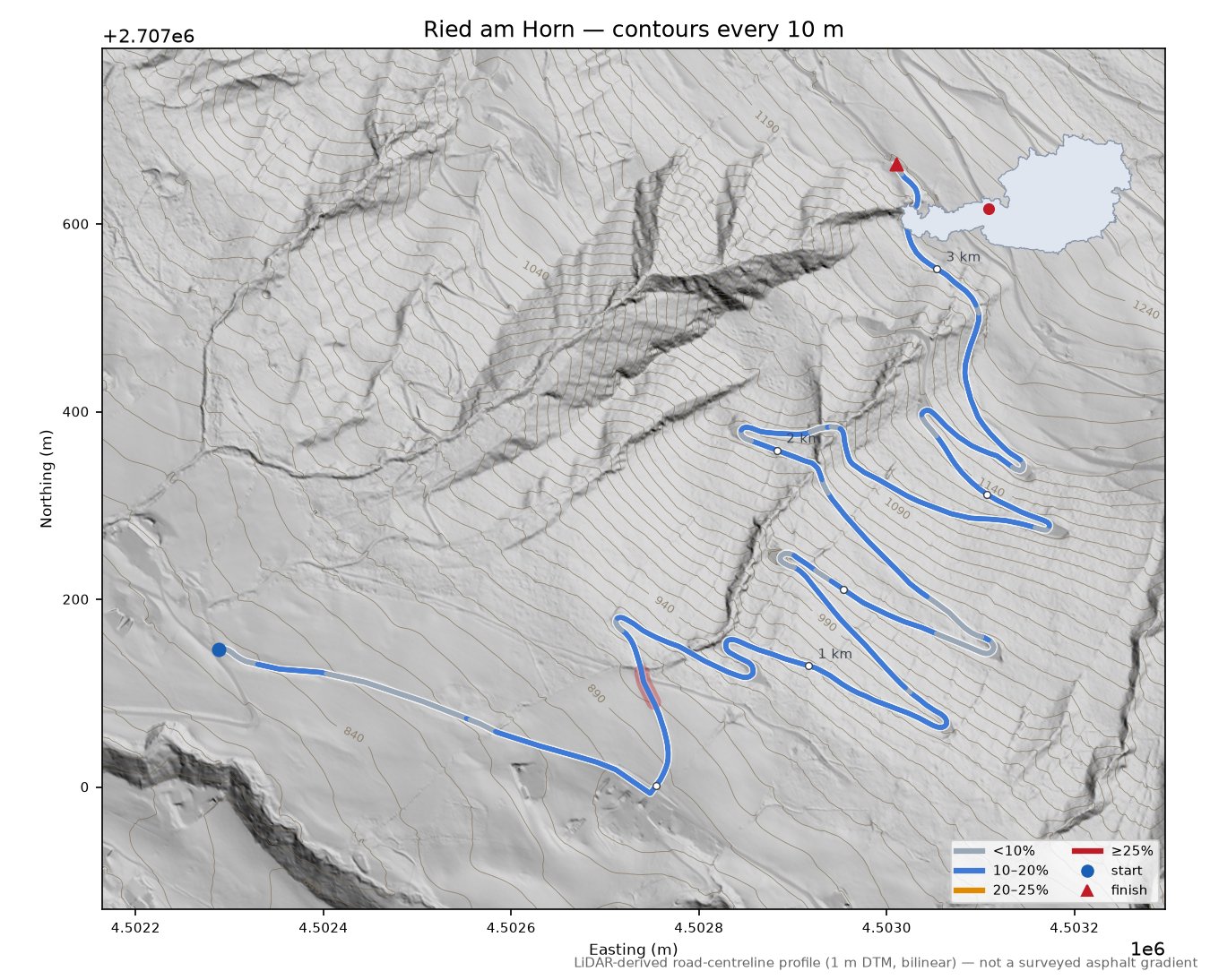 Ried am Horn LiDAR hillshade map with contours