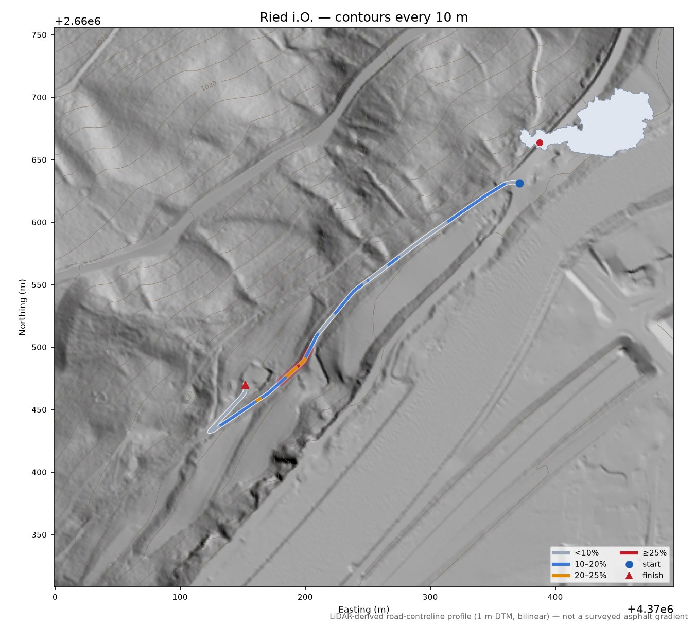 Ried i.O. LiDAR hillshade map with contours