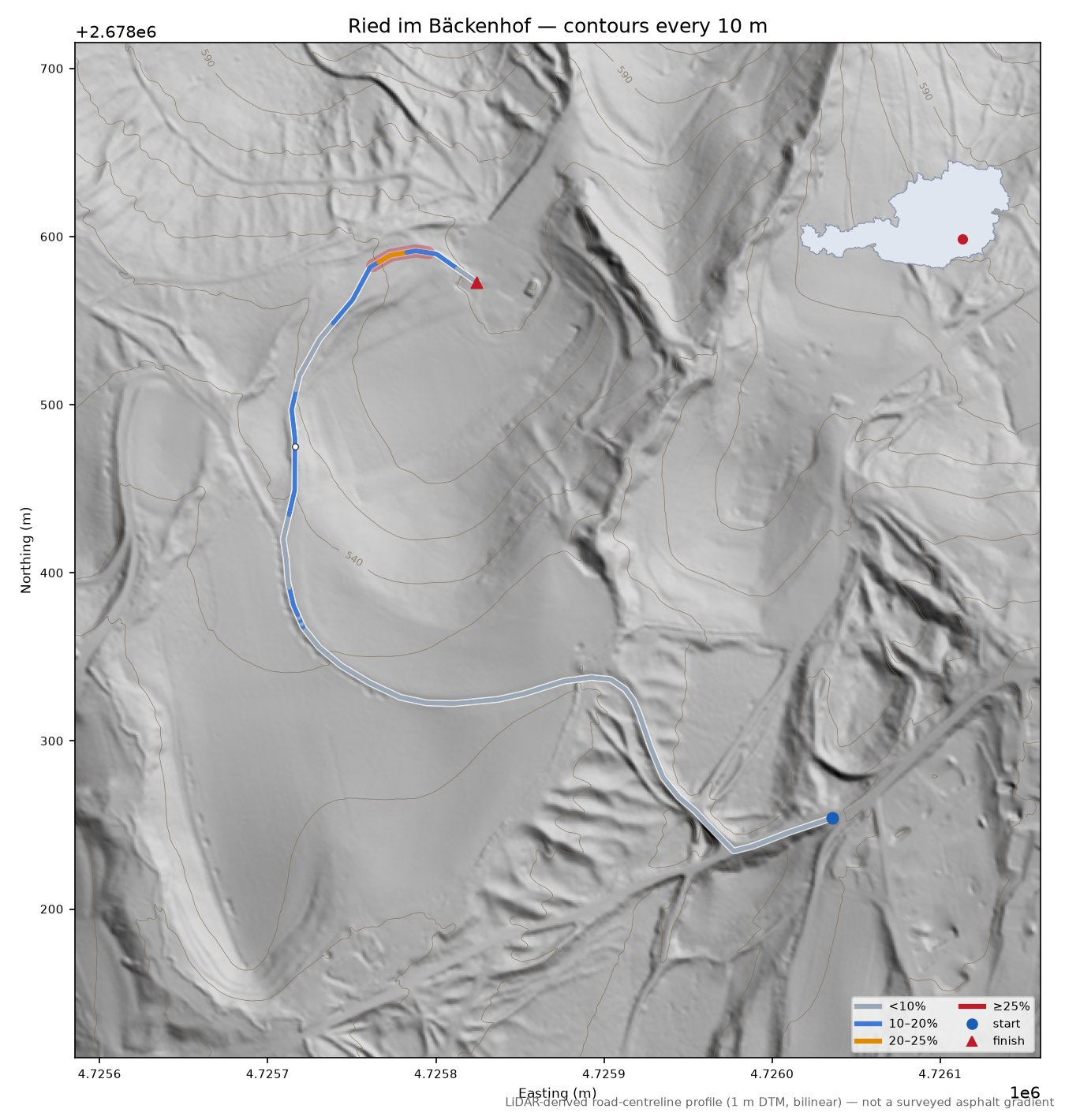 Ried im Bäckenhof LiDAR hillshade map with contours