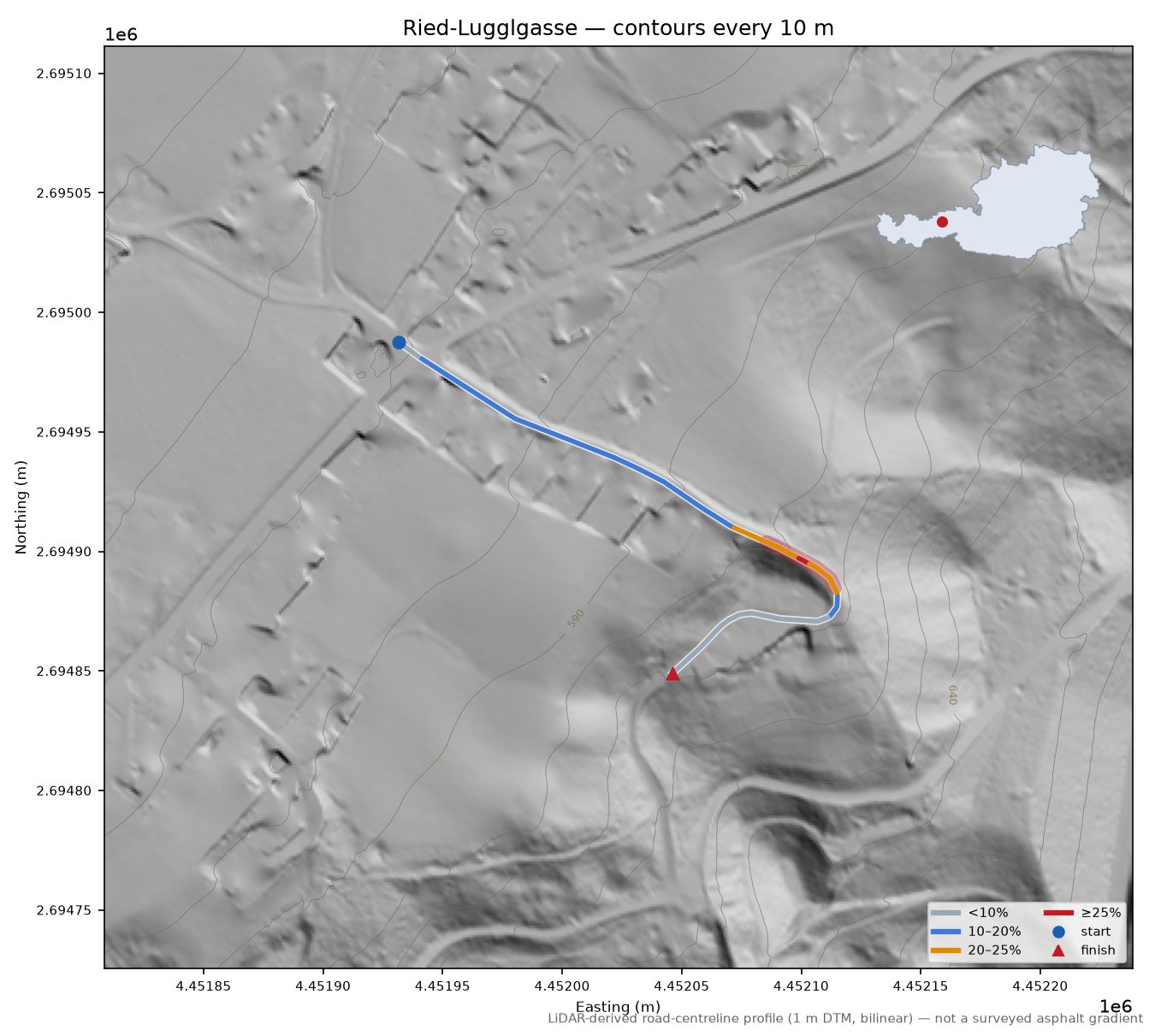 Ried-Lugglgasse LiDAR hillshade map with contours