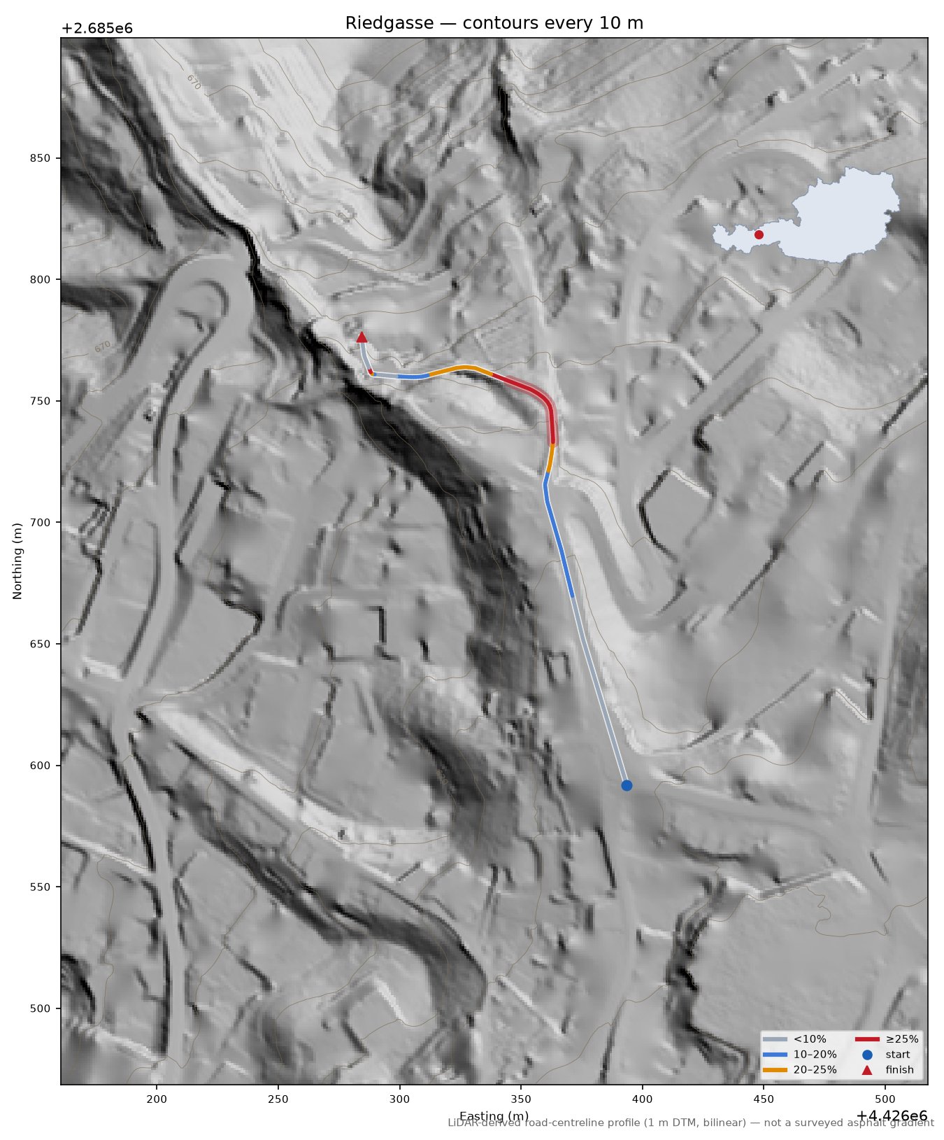 Riedgasse LiDAR hillshade map with contours