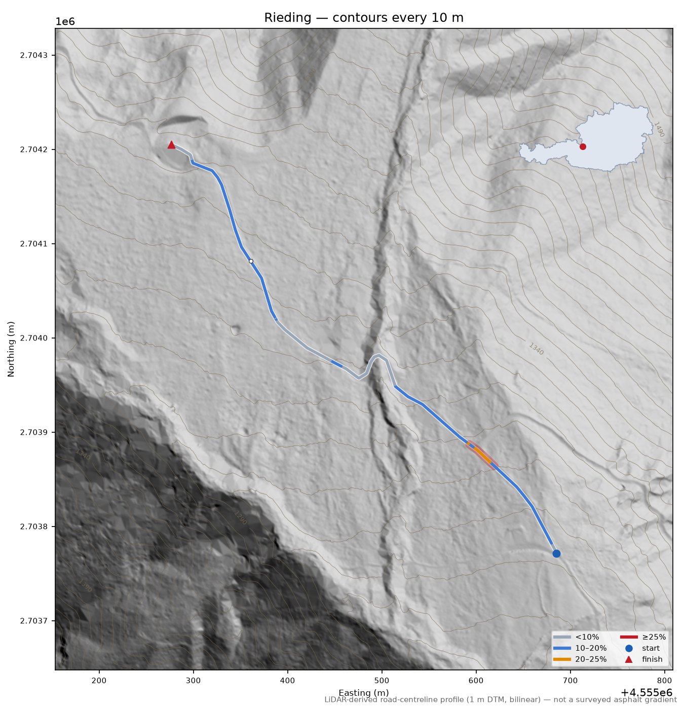Rieding LiDAR hillshade map with contours