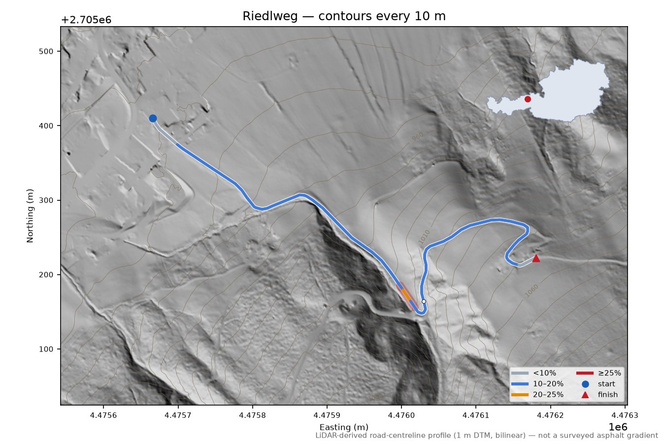 Riedlweg LiDAR hillshade map with contours