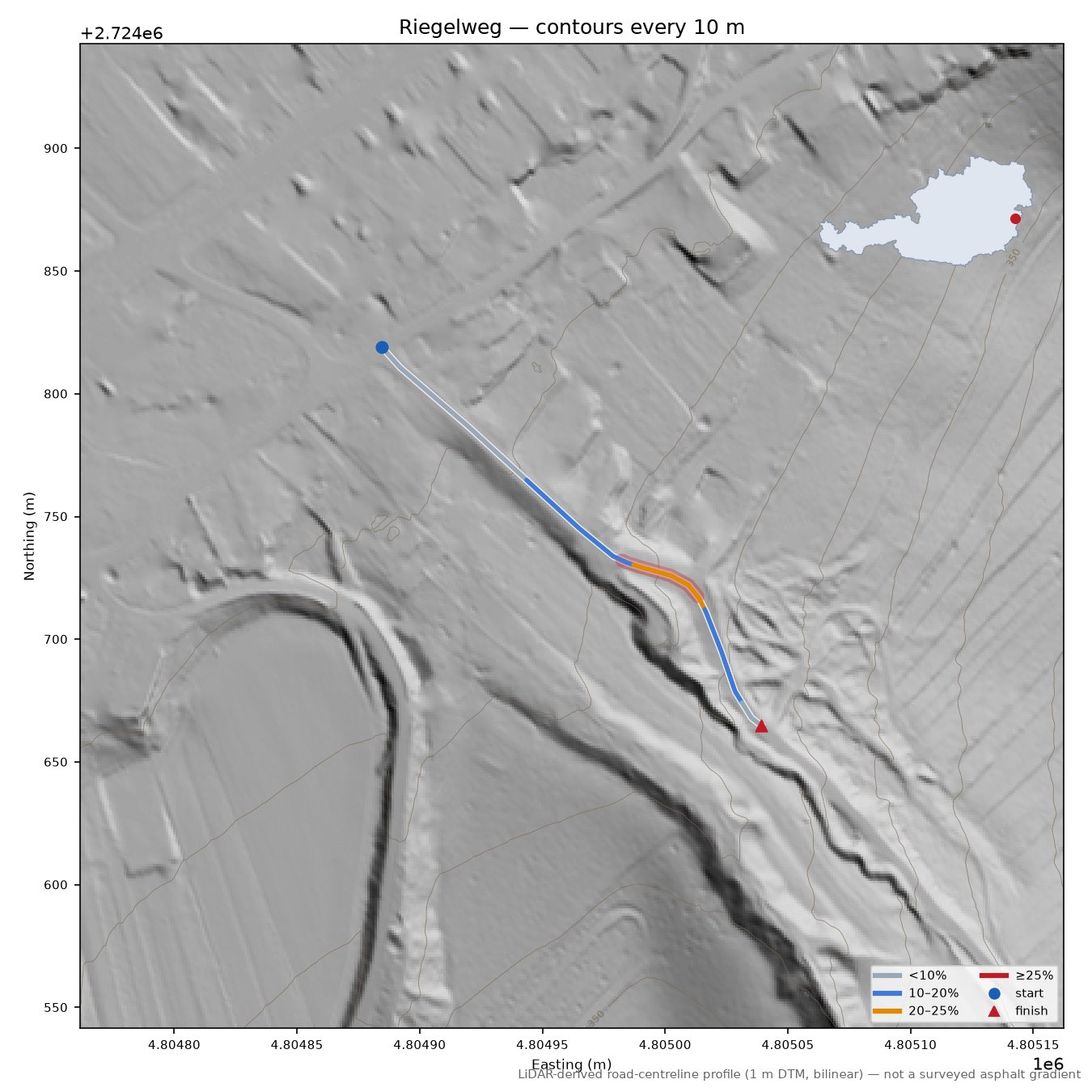 Riegelweg LiDAR hillshade map with contours