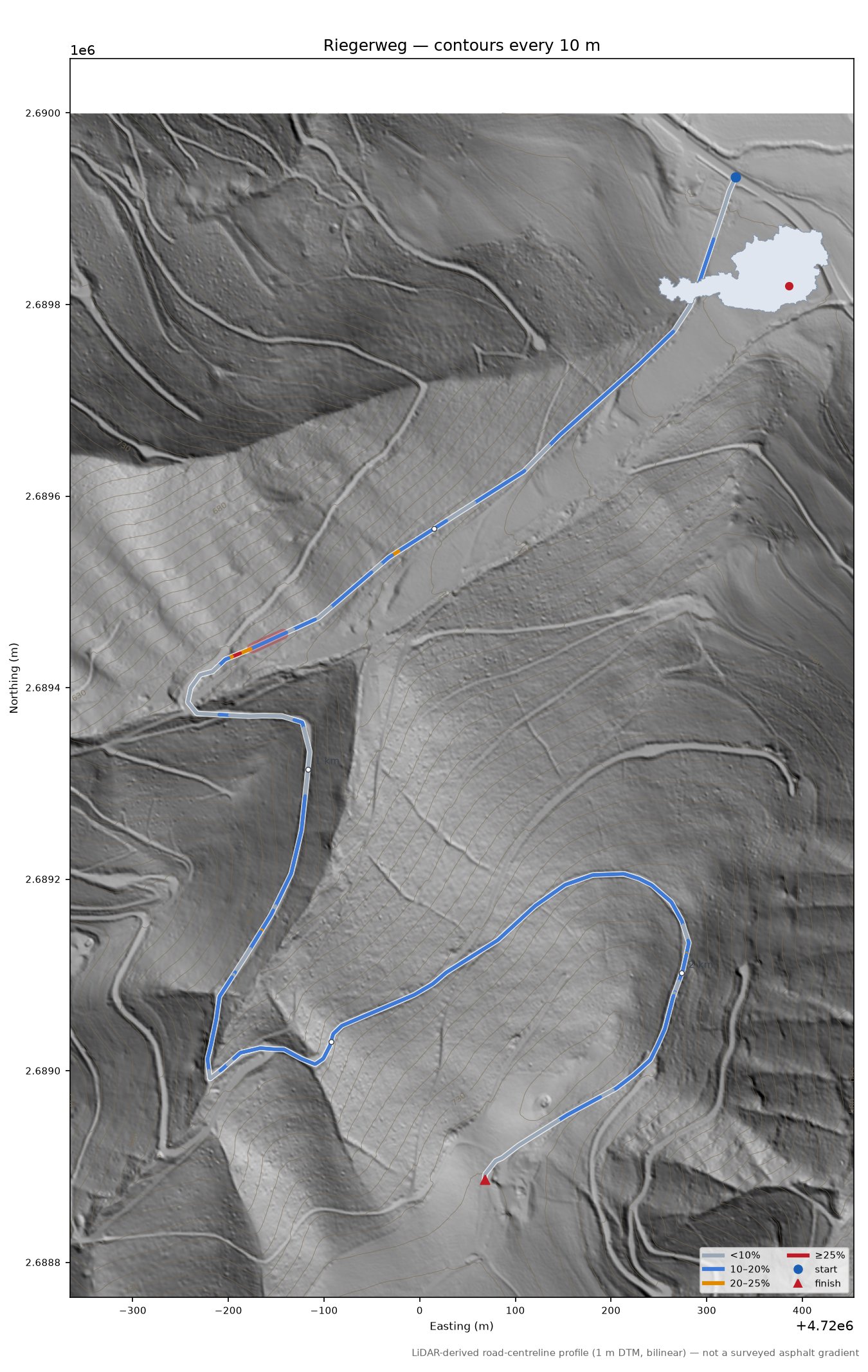 Riegerweg LiDAR hillshade map with contours