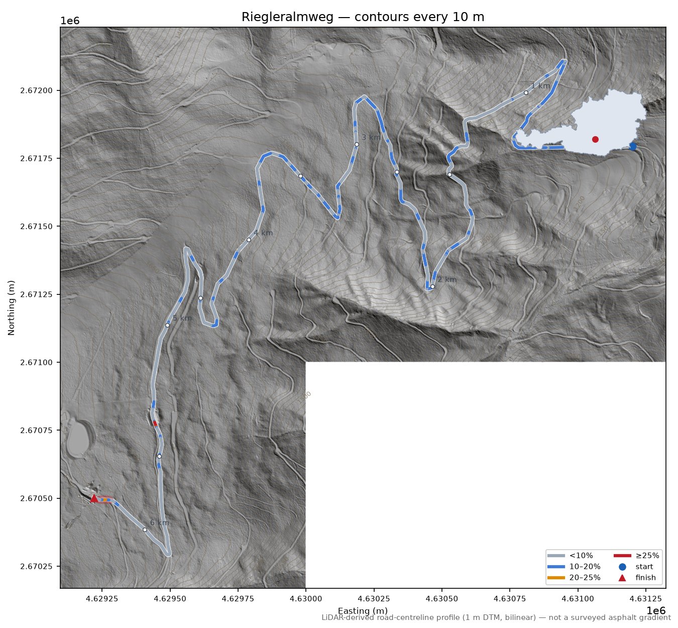 Riegleralmweg LiDAR hillshade map with contours