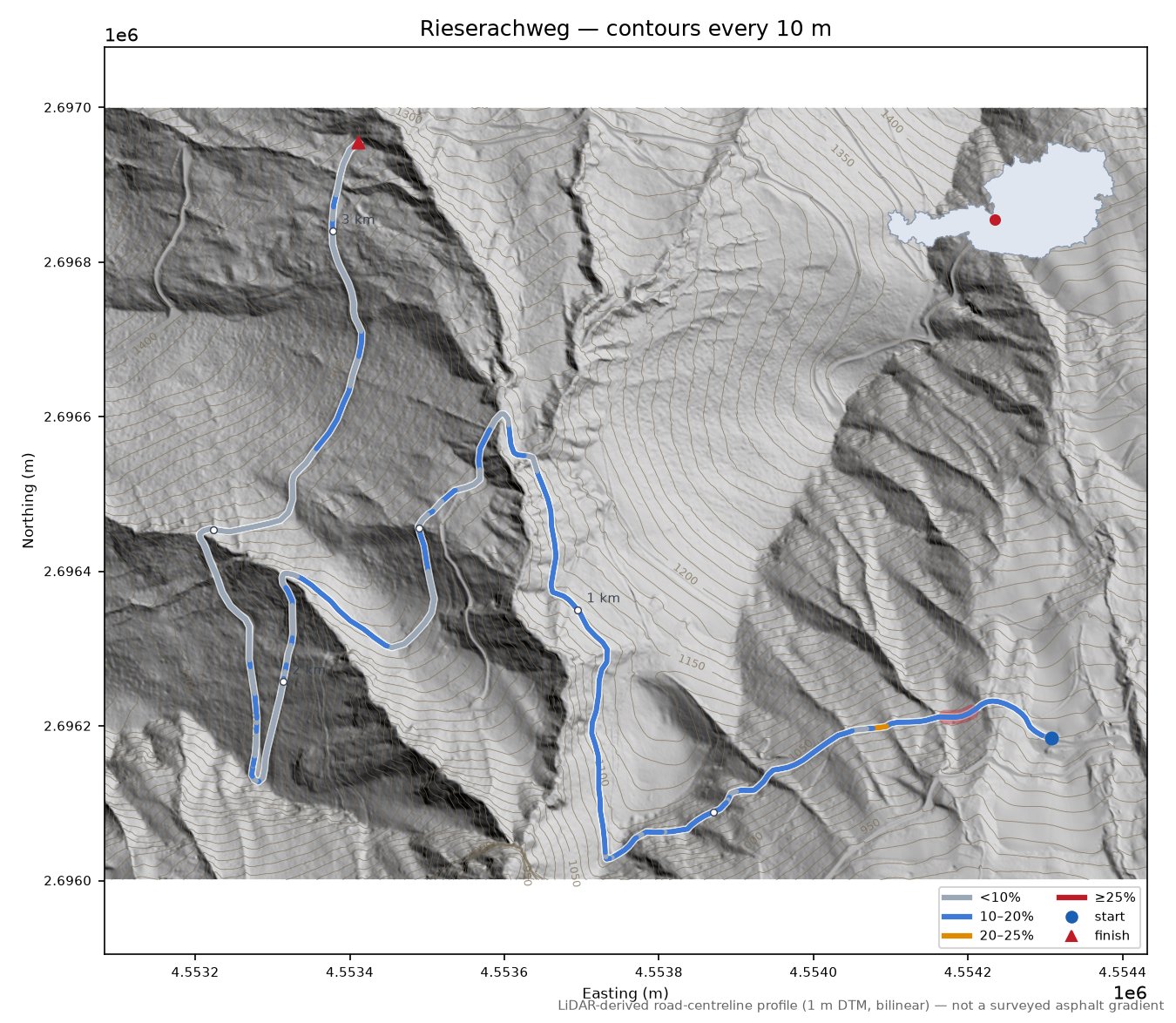 Rieserachweg LiDAR hillshade map with contours