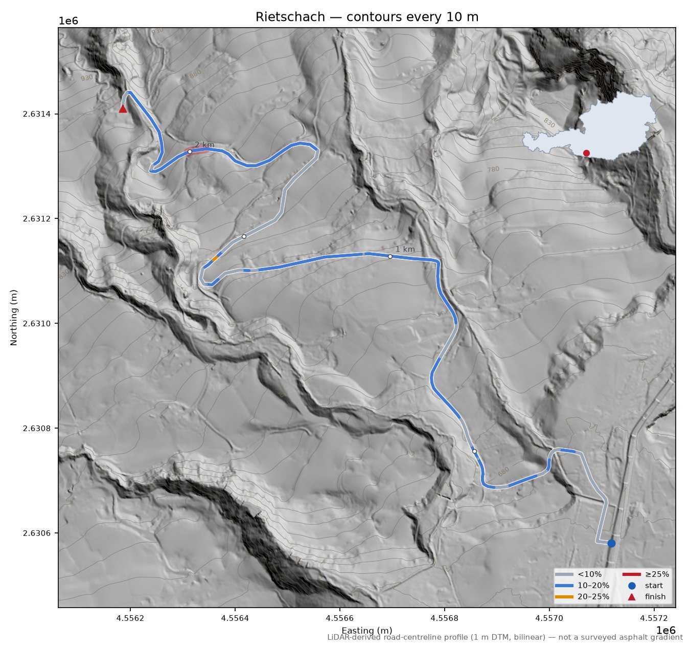 Rietschach LiDAR hillshade map with contours