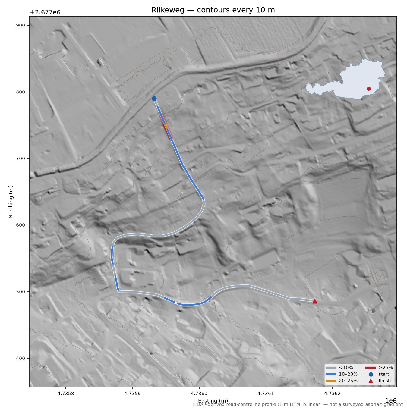 Rilkeweg LiDAR hillshade map with contours