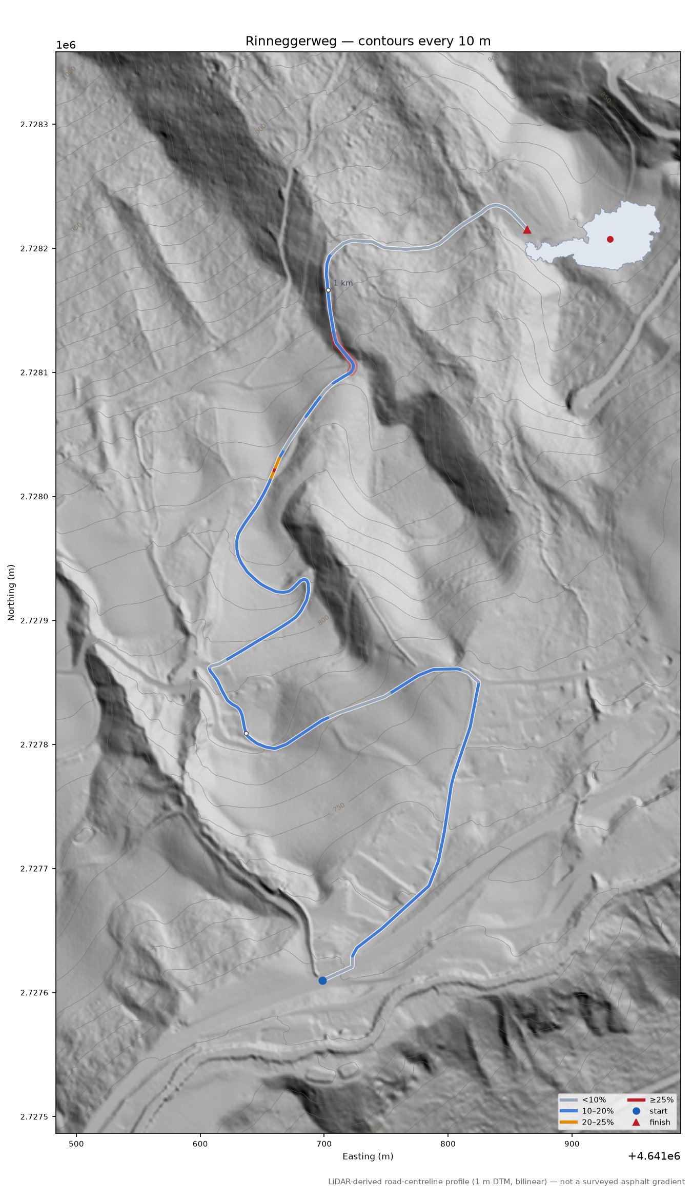 Rinneggerweg LiDAR hillshade map with contours