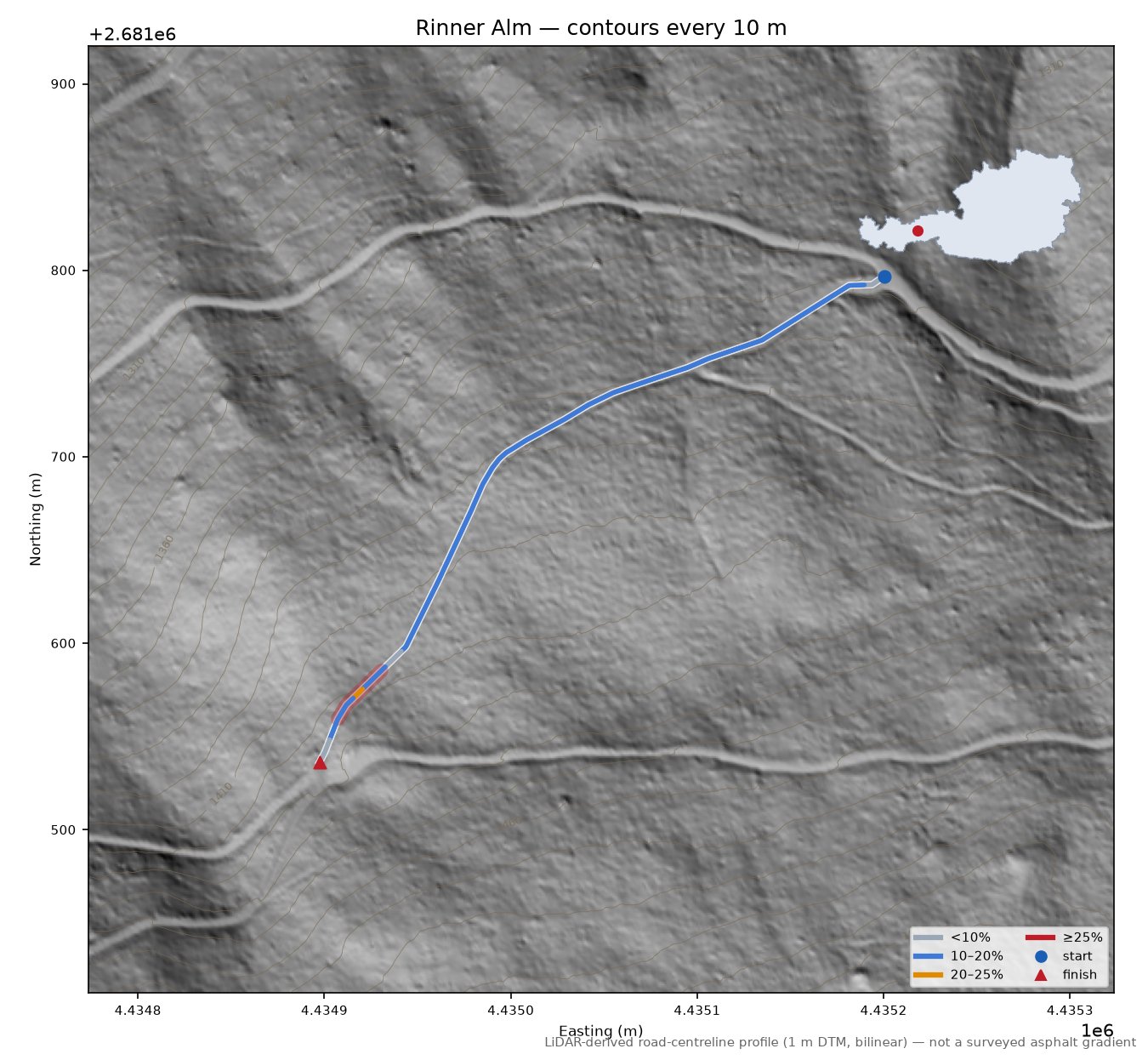 Rinner Alm LiDAR hillshade map with contours