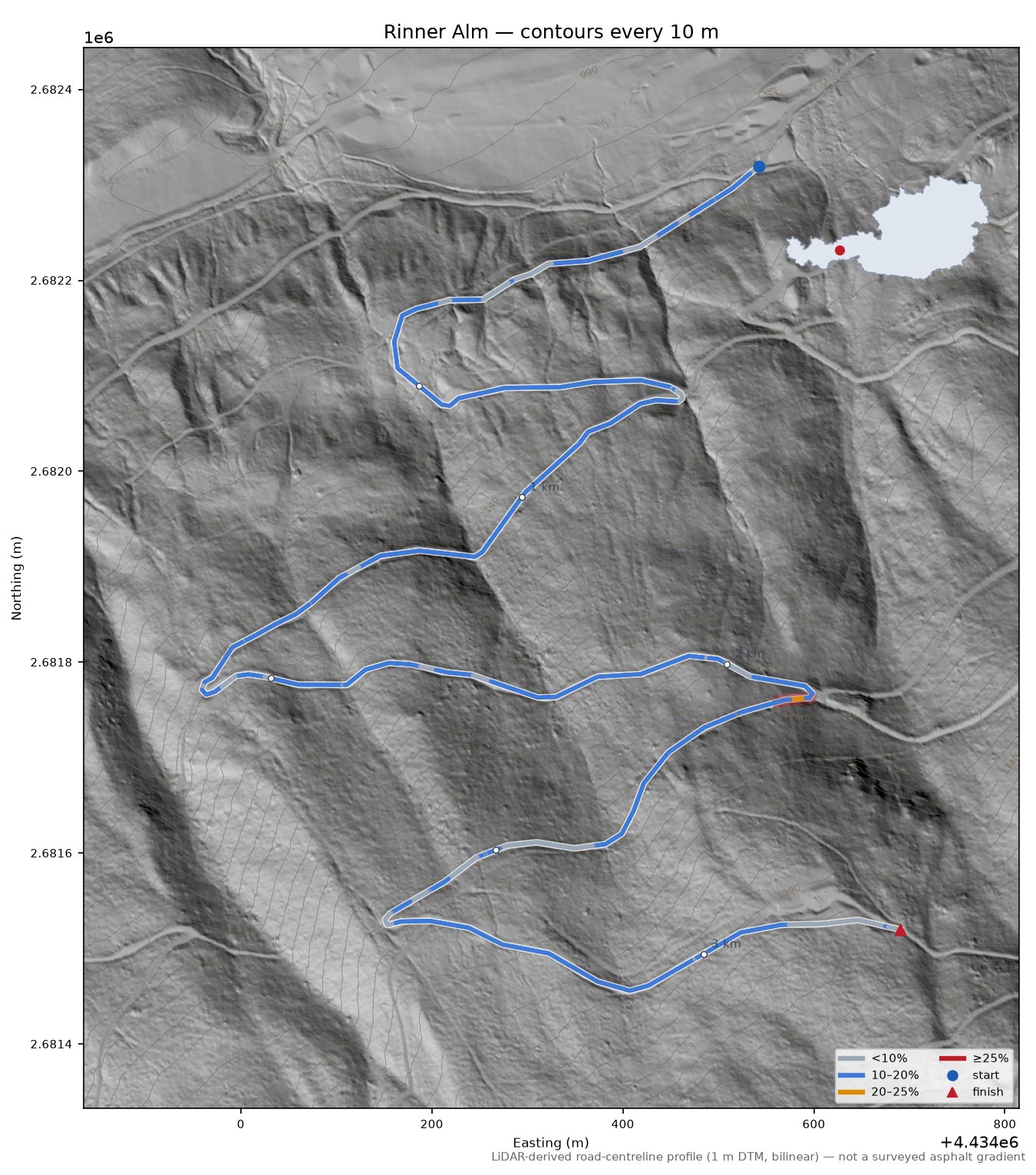 Rinner Alm LiDAR hillshade map with contours