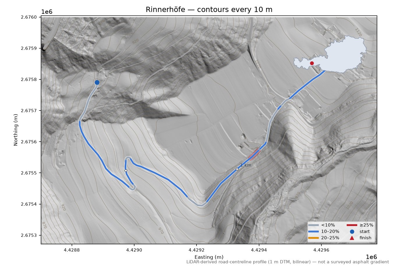 Rinnerhöfe LiDAR hillshade map with contours