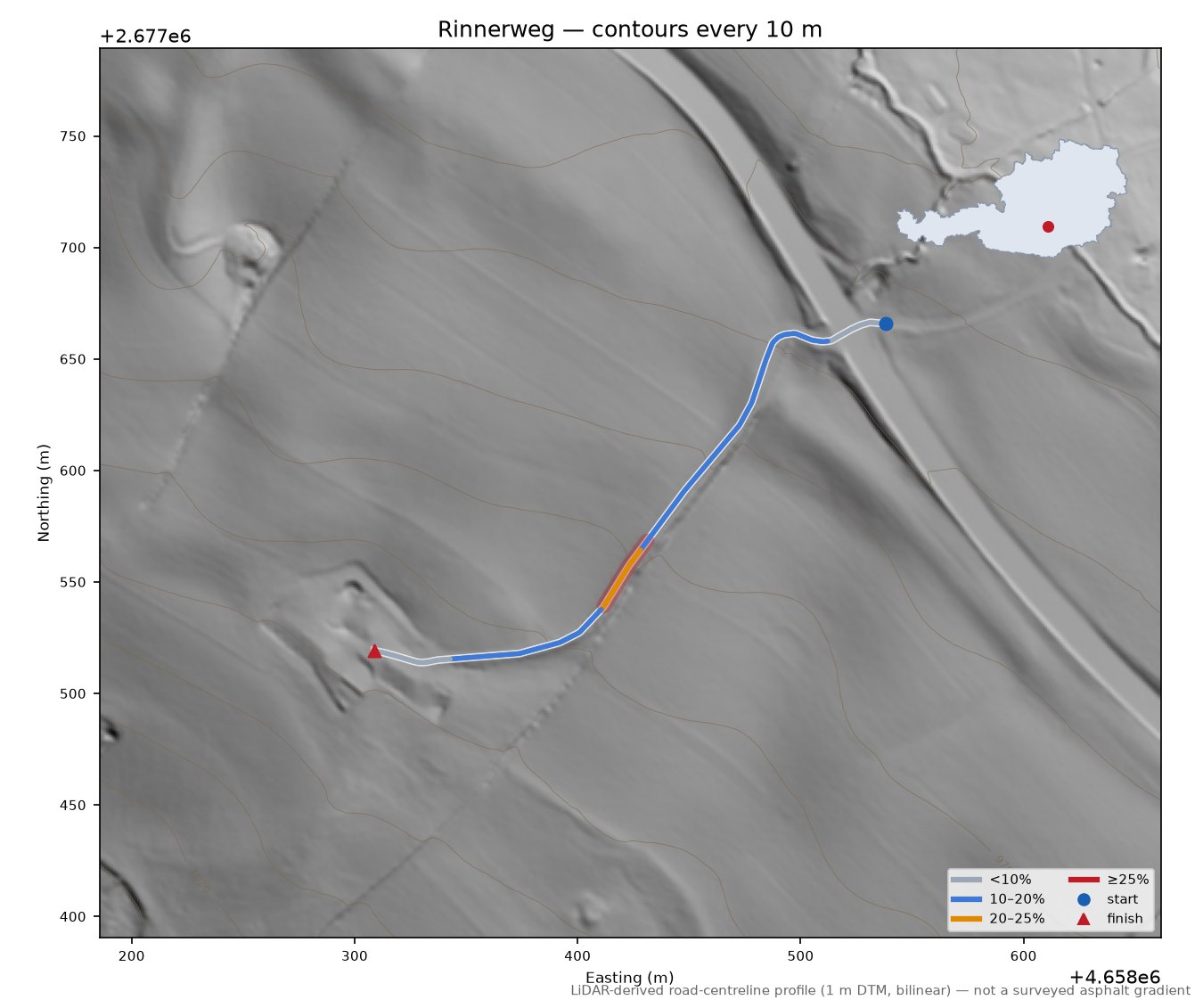 Rinnerweg LiDAR hillshade map with contours