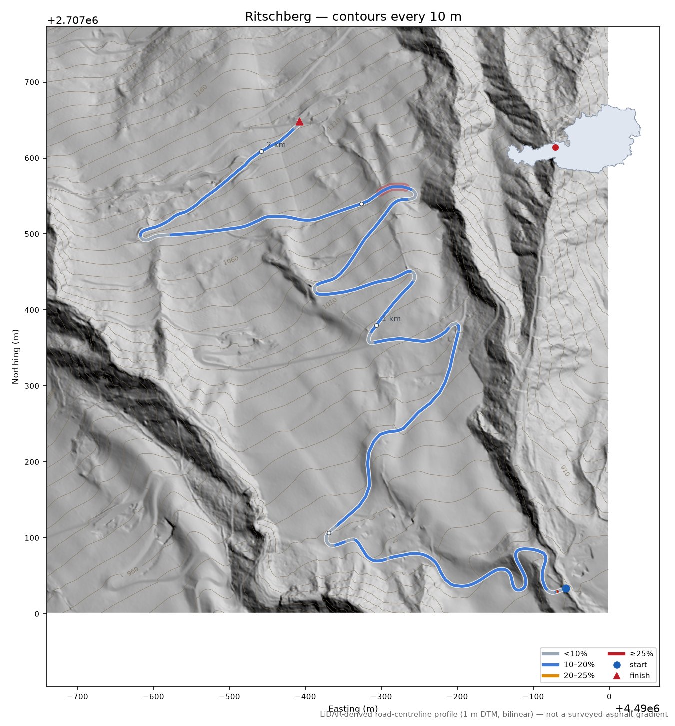 Ritschberg LiDAR hillshade map with contours
