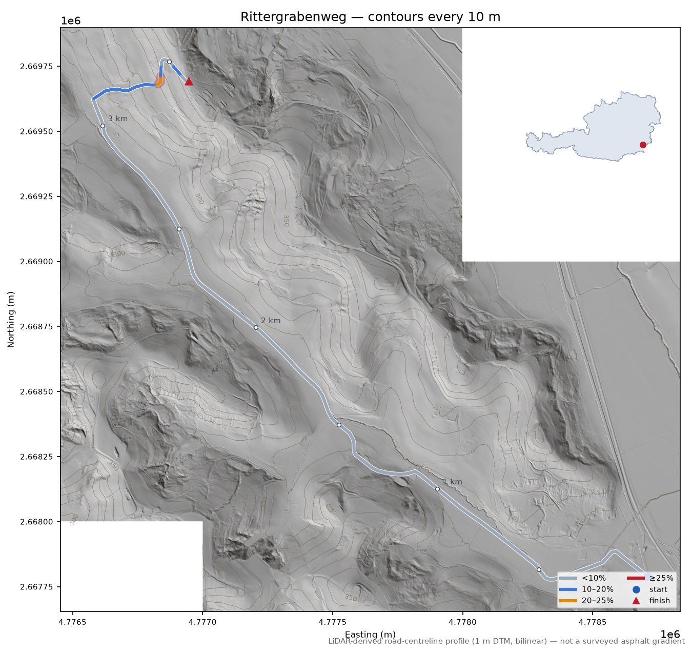 Rittergrabenweg LiDAR hillshade map with contours