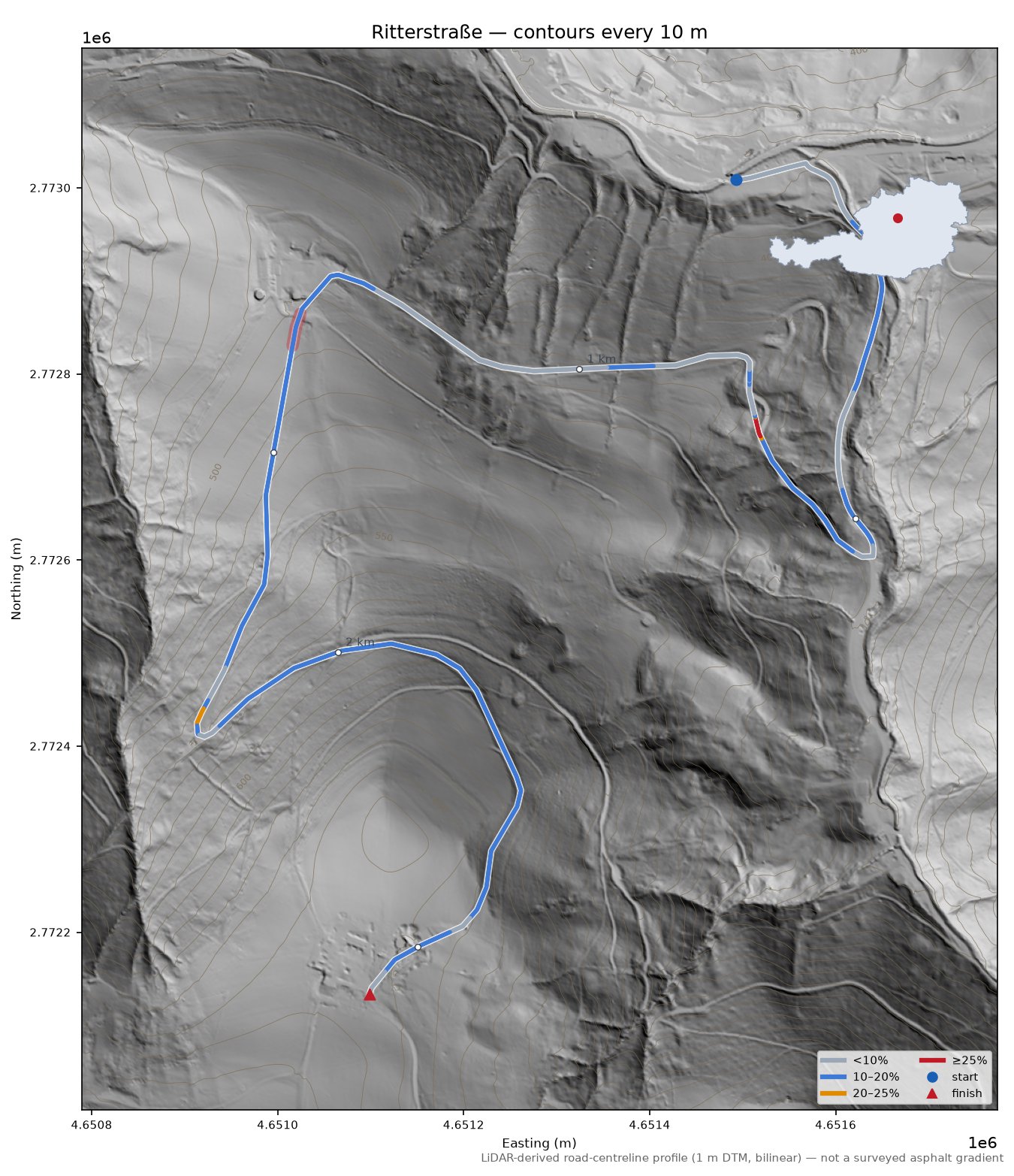 Ritterstraße LiDAR hillshade map with contours