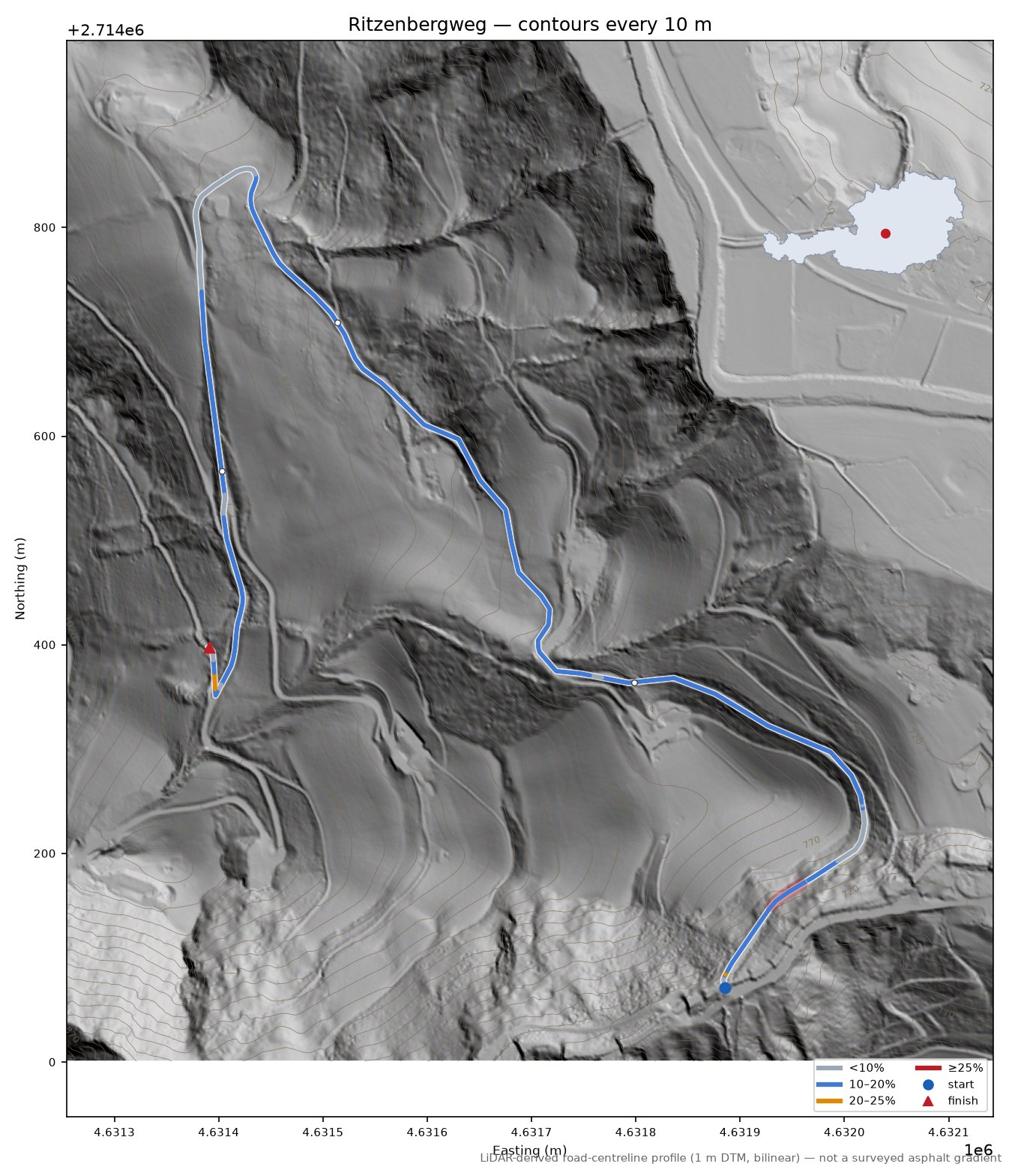 Ritzenbergweg LiDAR hillshade map with contours
