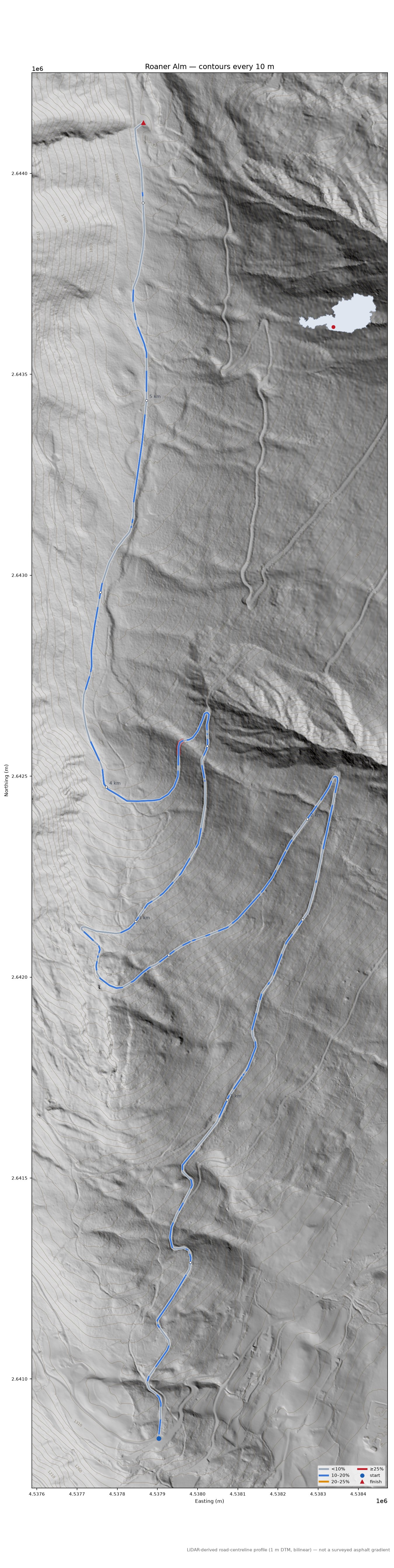 Roaner Alm LiDAR hillshade map with contours