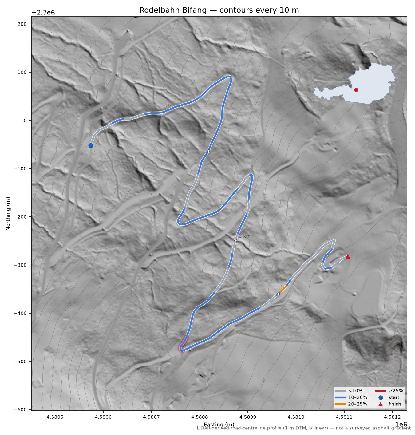 Rodelbahn Bifang LiDAR hillshade map with contours