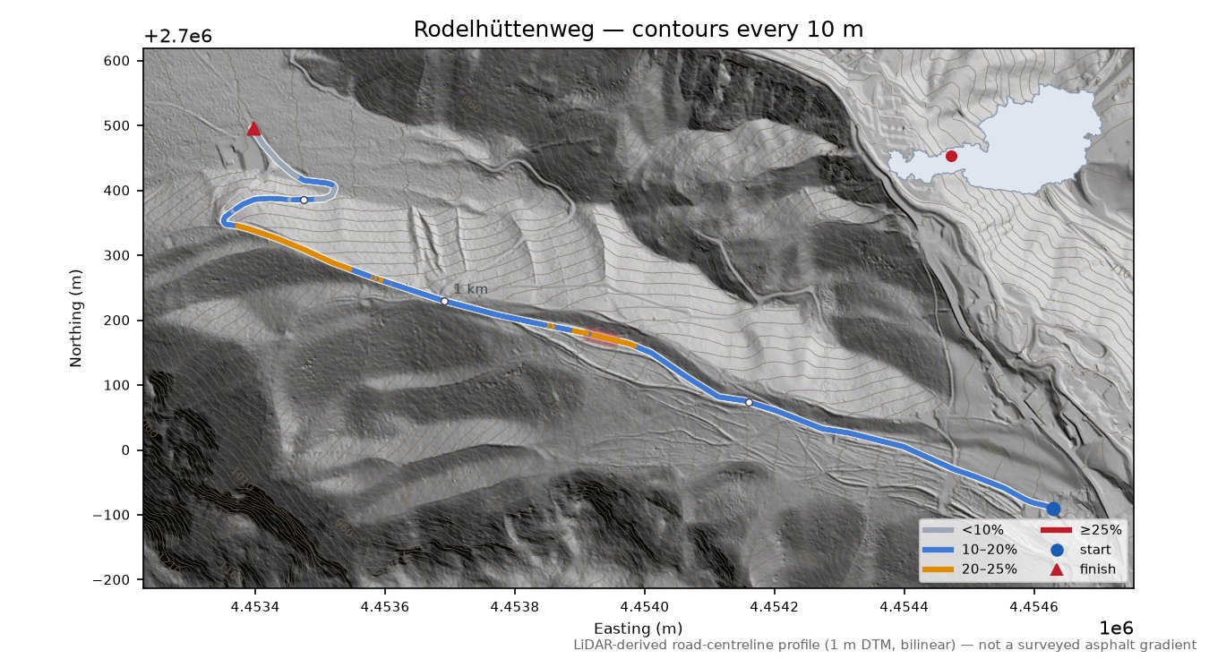 Rodelhüttenweg LiDAR hillshade map with contours