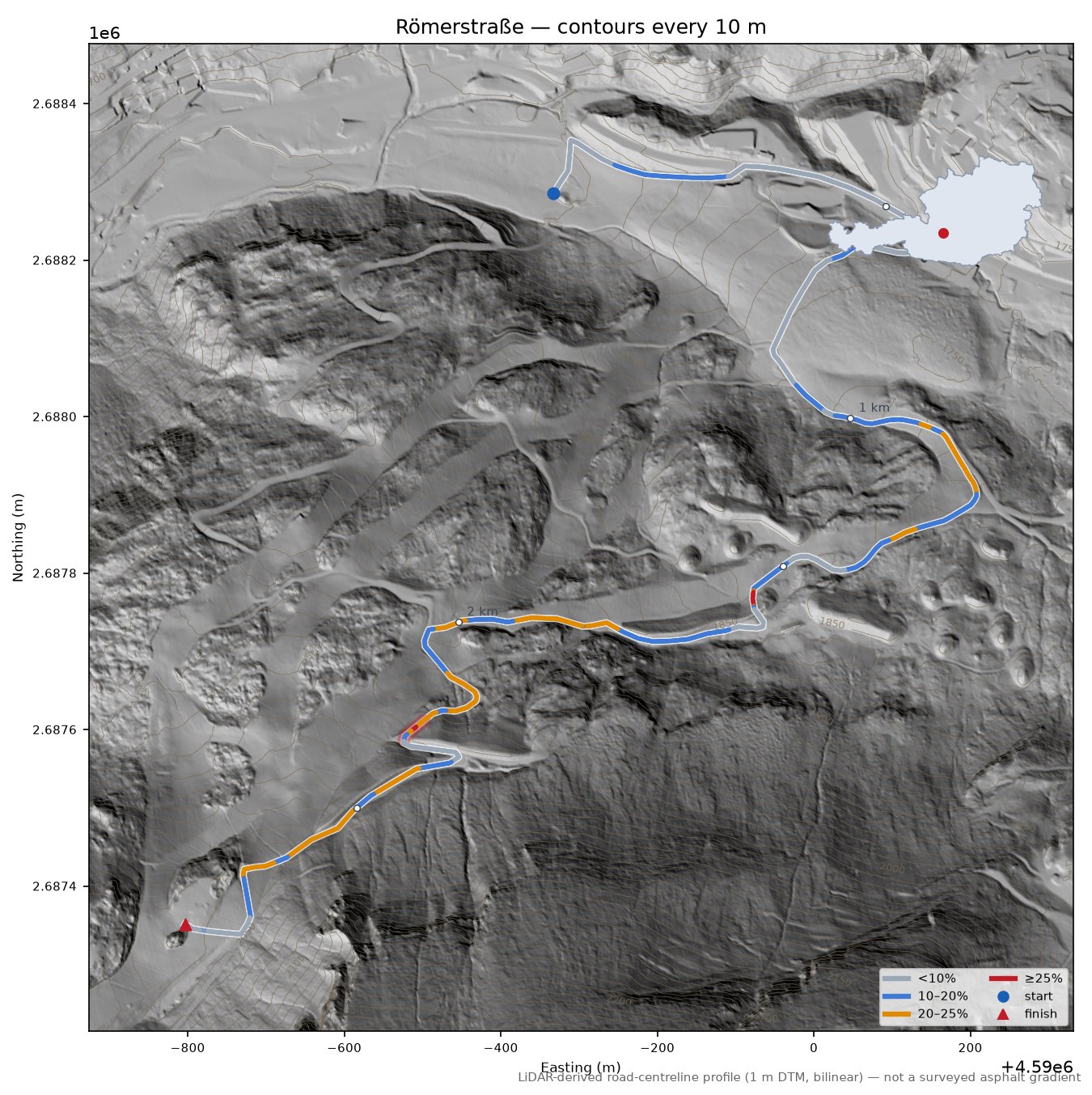 Römerstraße LiDAR hillshade map with contours