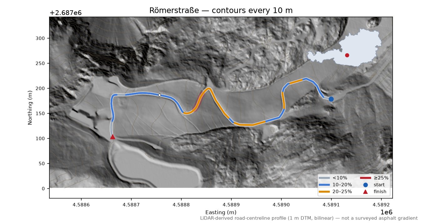 Römerstraße LiDAR hillshade map with contours