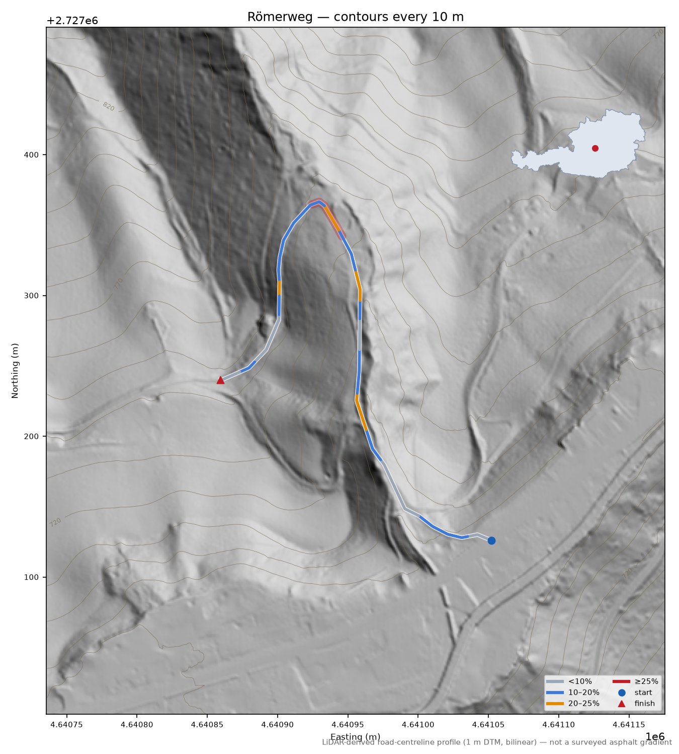 Römerweg LiDAR hillshade map with contours
