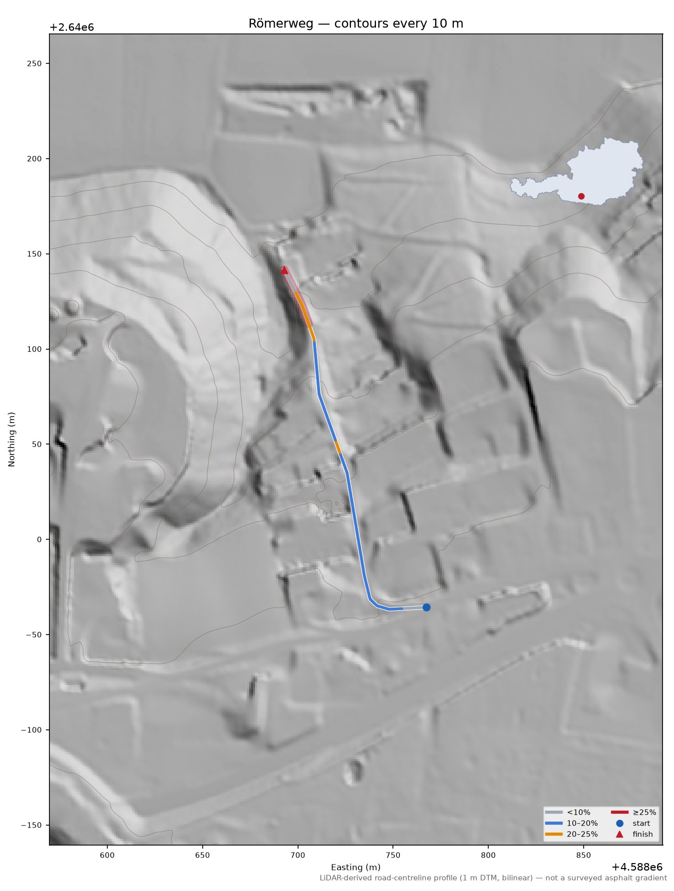 Römerweg LiDAR hillshade map with contours