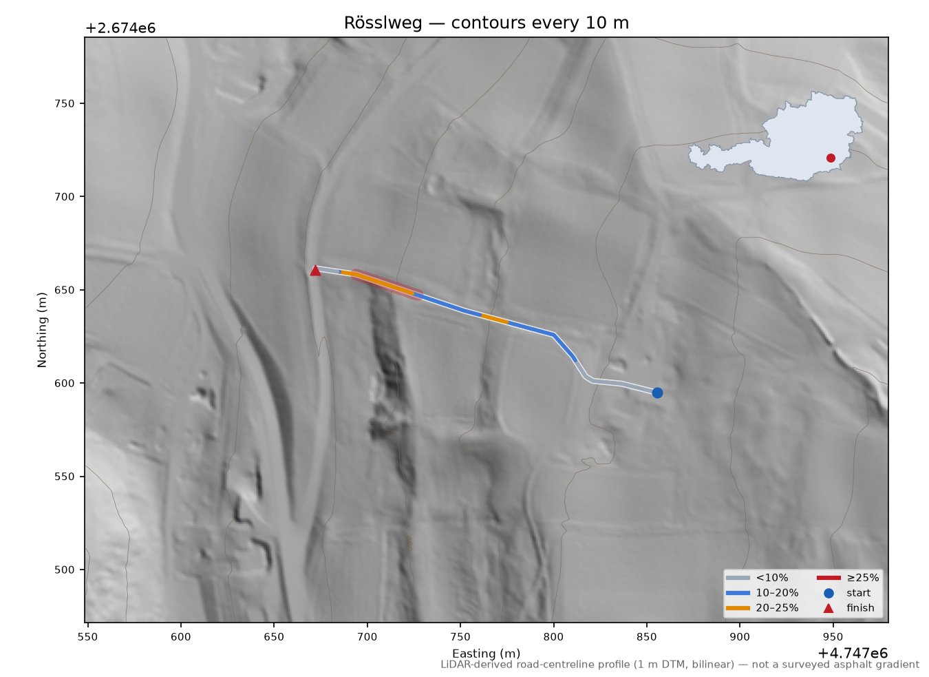 Rösslweg LiDAR hillshade map with contours