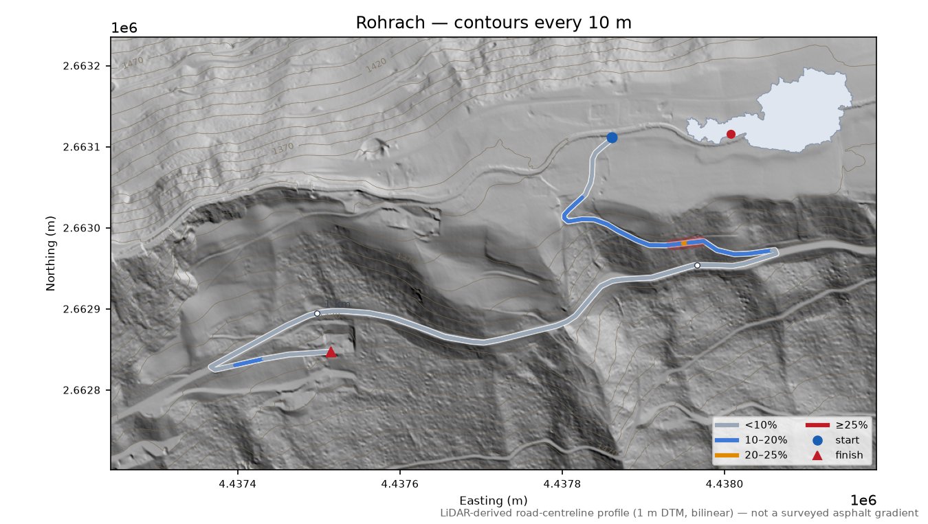 Rohrach LiDAR hillshade map with contours