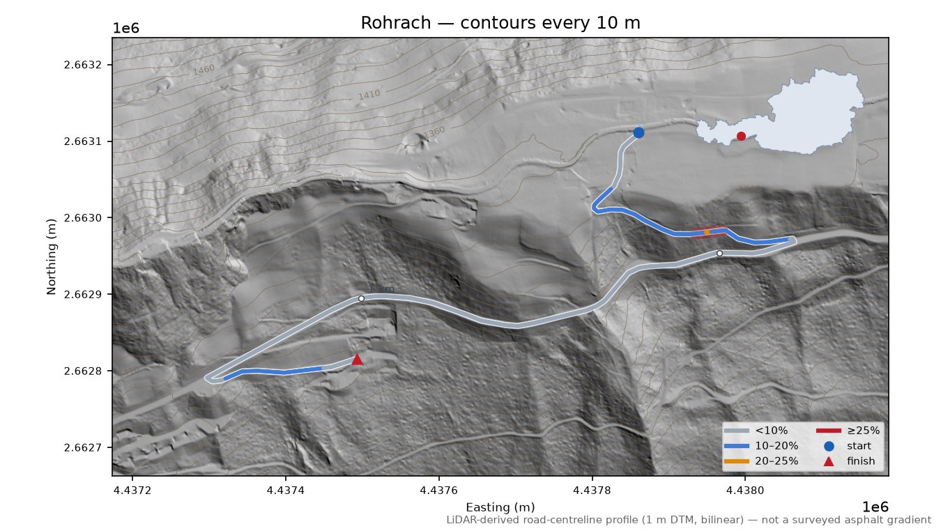 Rohrach LiDAR hillshade map with contours