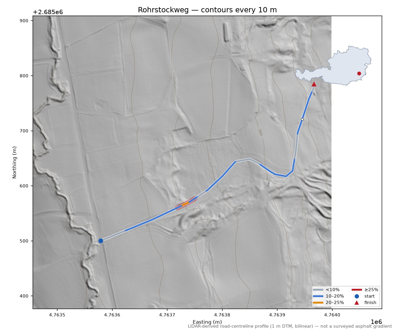 Rohrstockweg LiDAR hillshade map with contours