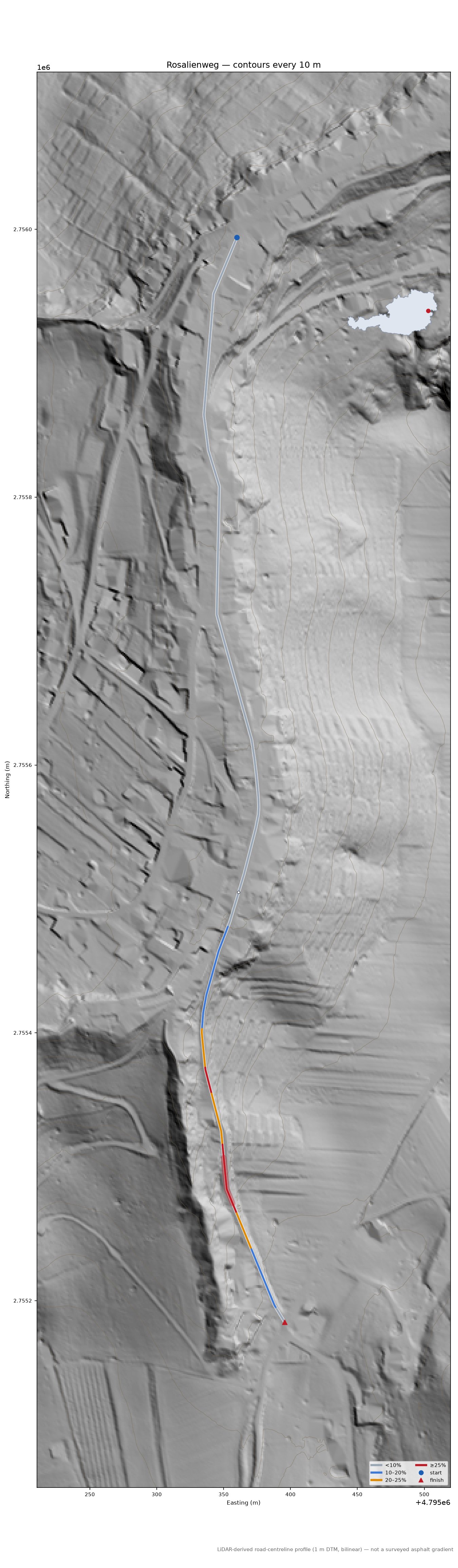 Rosalienweg LiDAR hillshade map with contours