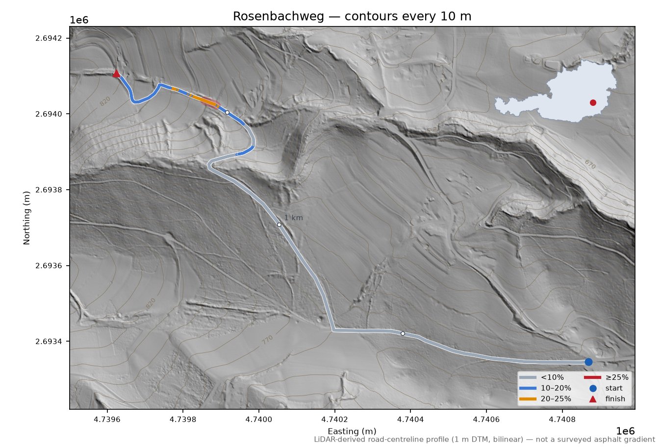Rosenbachweg LiDAR hillshade map with contours