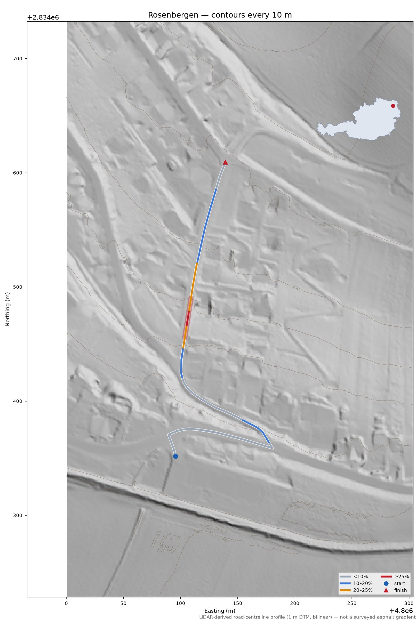 Rosenbergen LiDAR hillshade map with contours