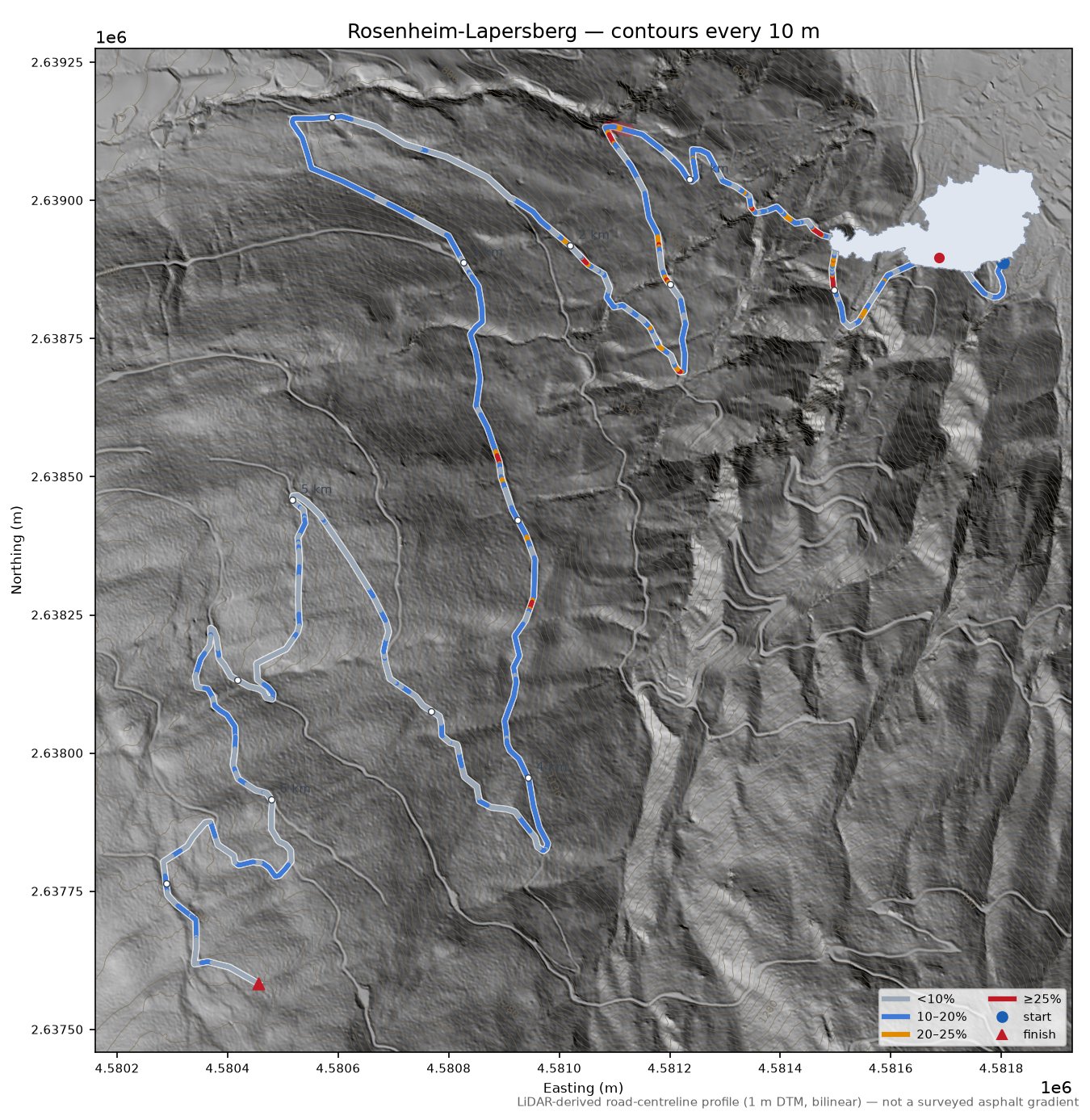 Rosenheim-Lapersberg LiDAR hillshade map with contours