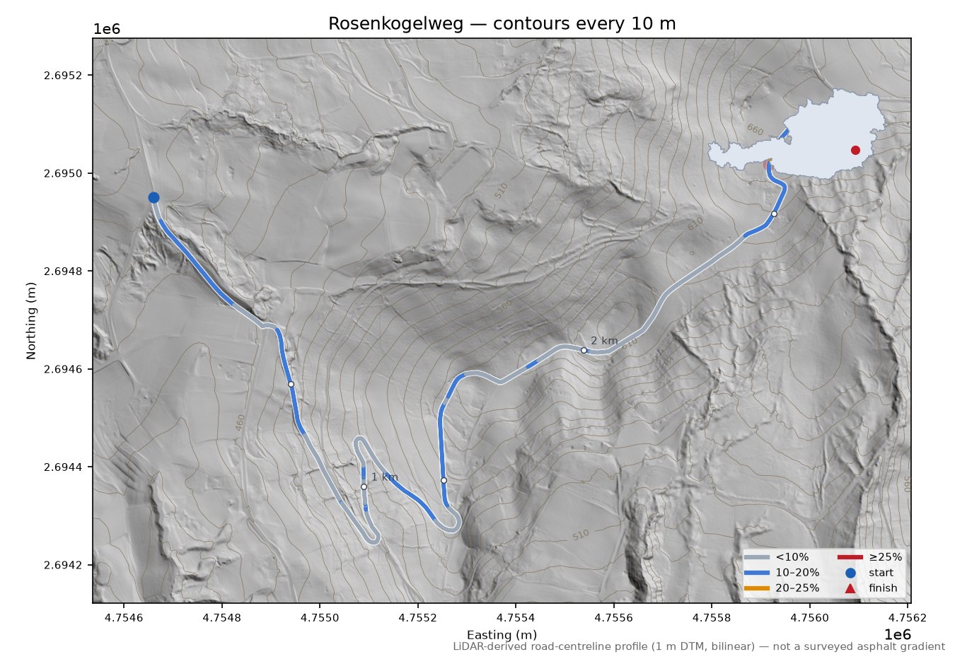 Rosenkogelweg LiDAR hillshade map with contours