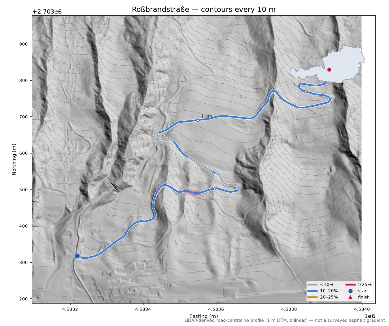 Roßbrandstraße LiDAR hillshade map with contours