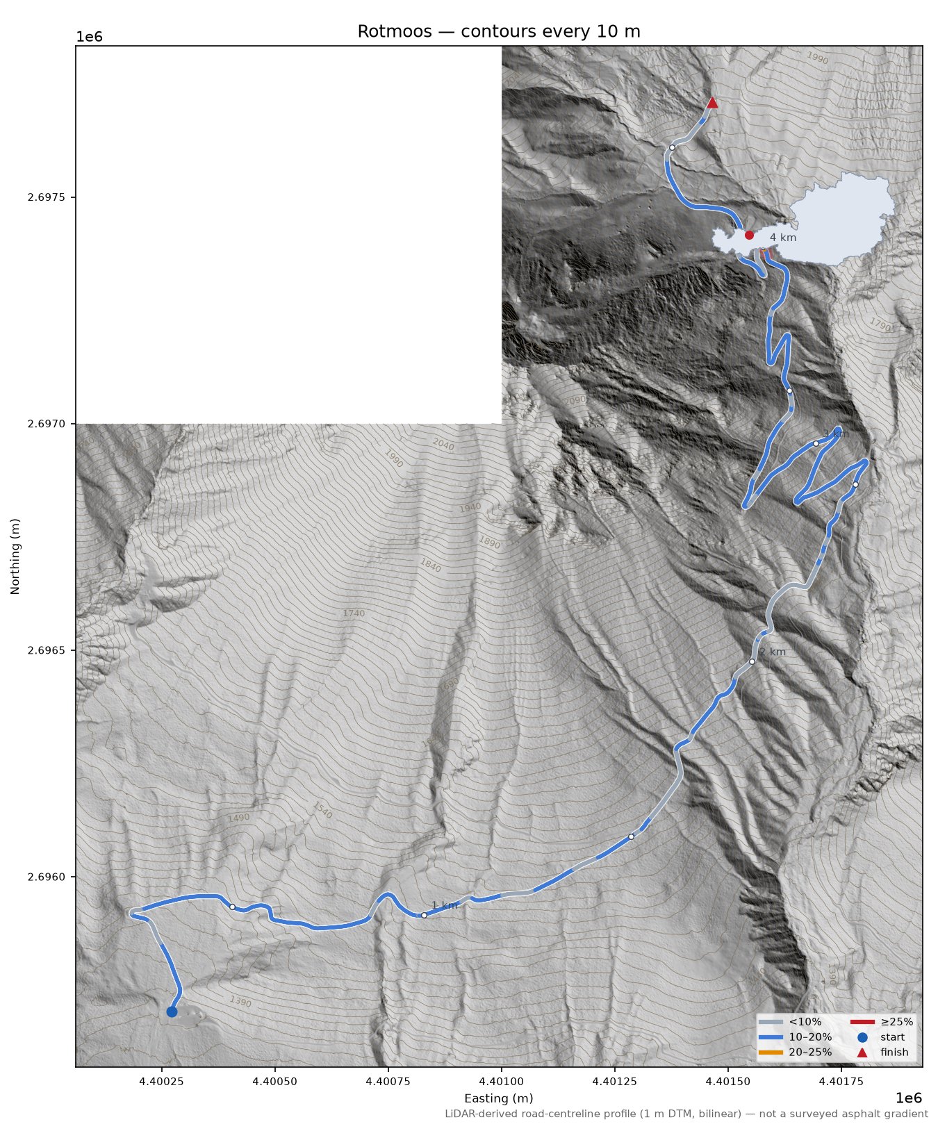 Rotmoos LiDAR hillshade map with contours