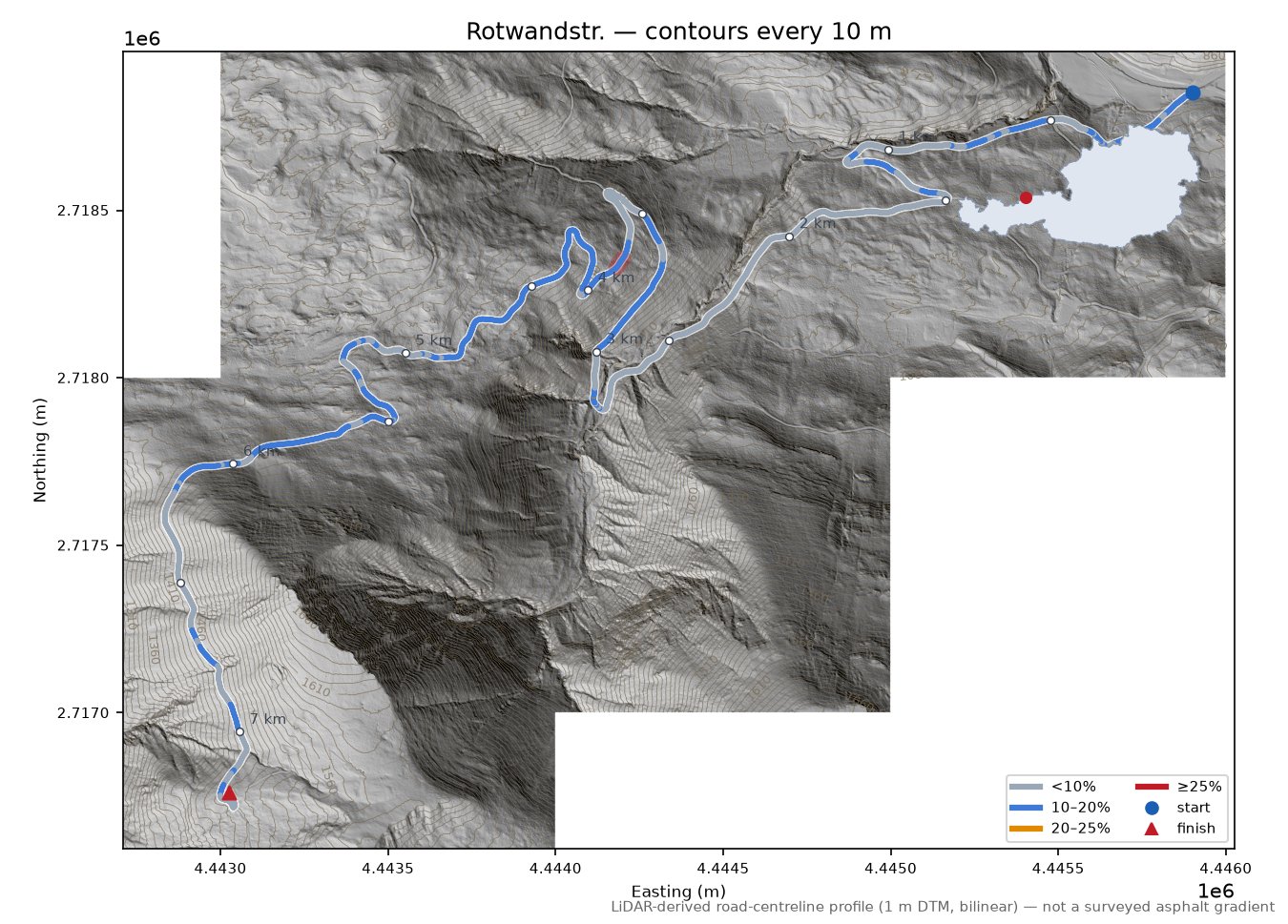 Rotwandstr. LiDAR hillshade map with contours