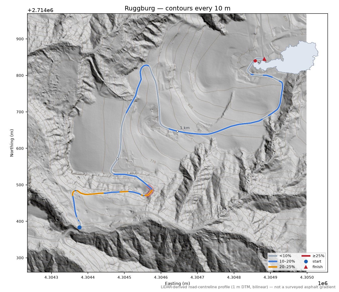 Ruggburg LiDAR hillshade map with contours