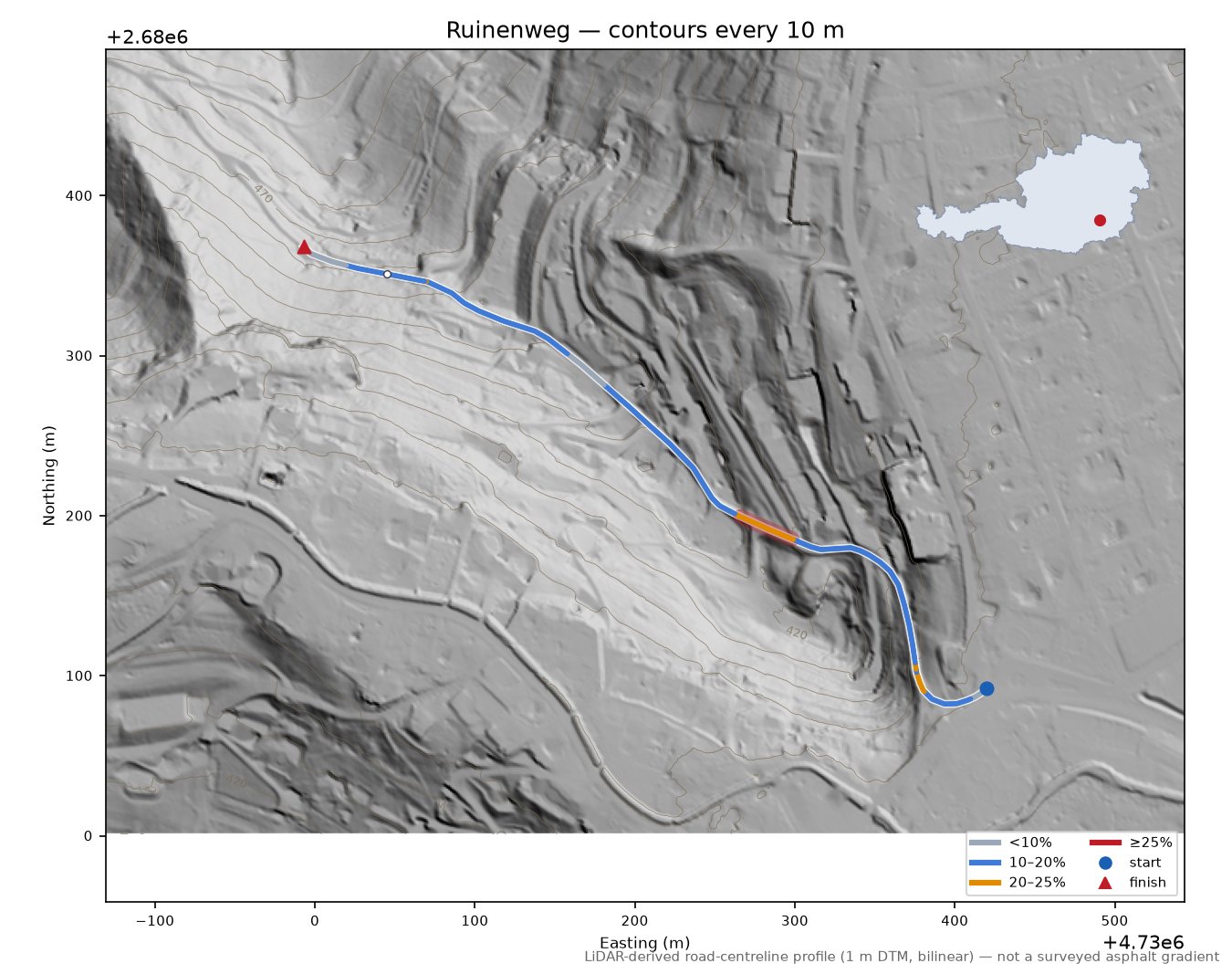 Ruinenweg LiDAR hillshade map with contours